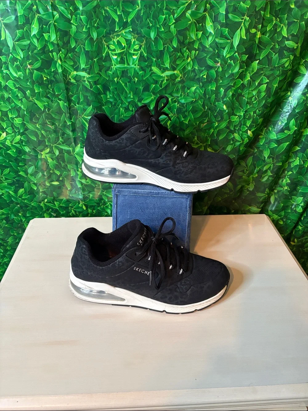 Skechers Black leopard Women's Athletic Sneakers with White Air-Cushion Sole